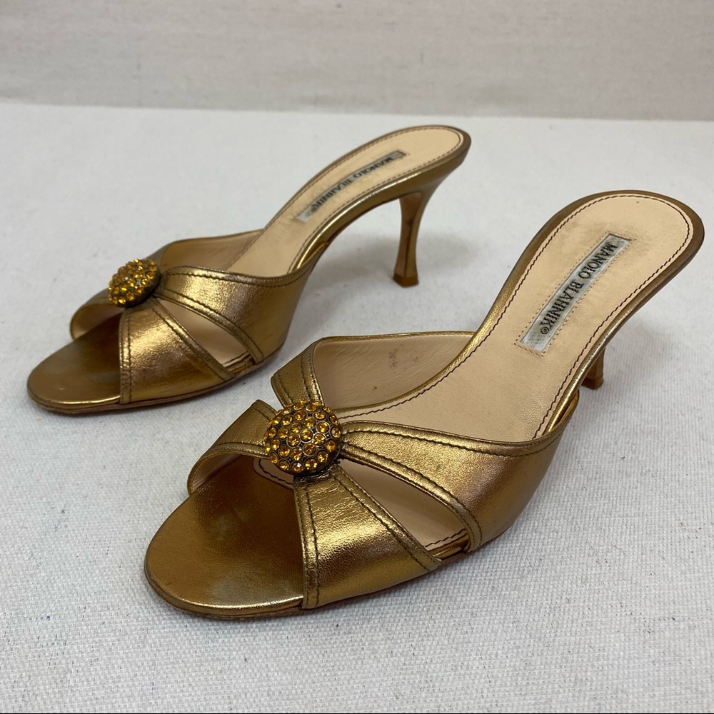 Manolo Blahnik Gold Leather Embellished Slide Sandals - Picture 2 of 9